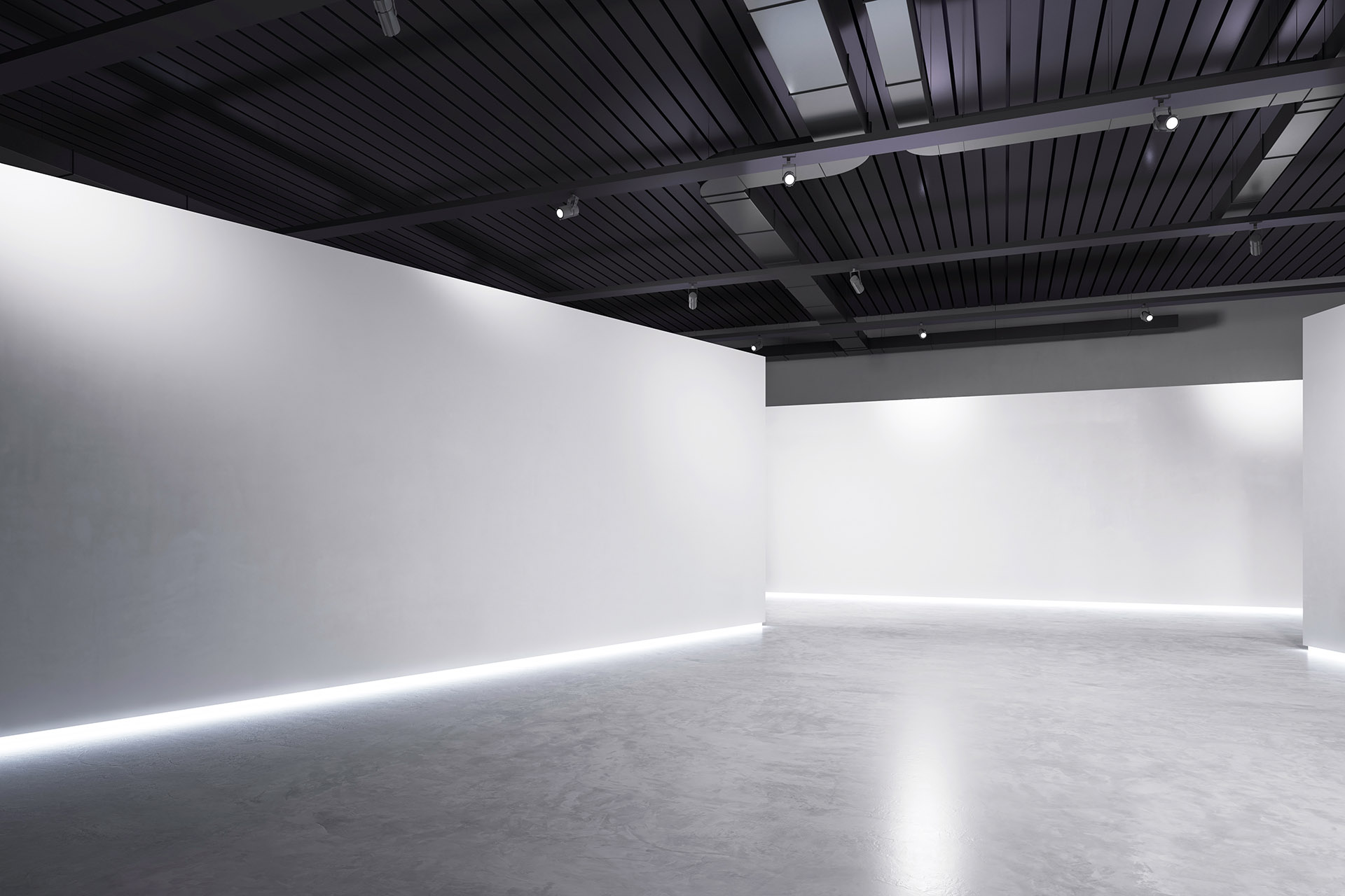 Modern interior of an empty gallery with clean white walls and polished concrete floor. 3D Rendering